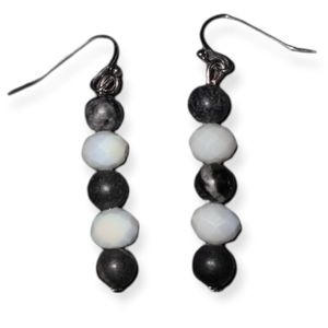 Black jasper gemstone and iridescent white crystal statement earrings pierced